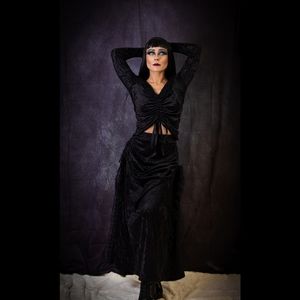 DARK AESTHETIC- Velvet and Lace Trim Double Slit and Corded Ruched High-Waisted